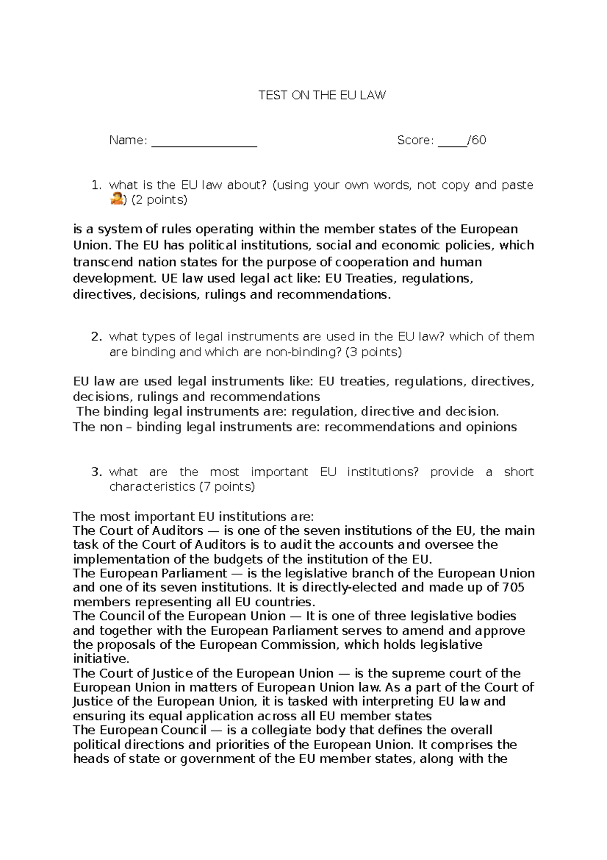 Test of the EU law - test z działu H. Sierockiej - EU law - TEST ON THE ...