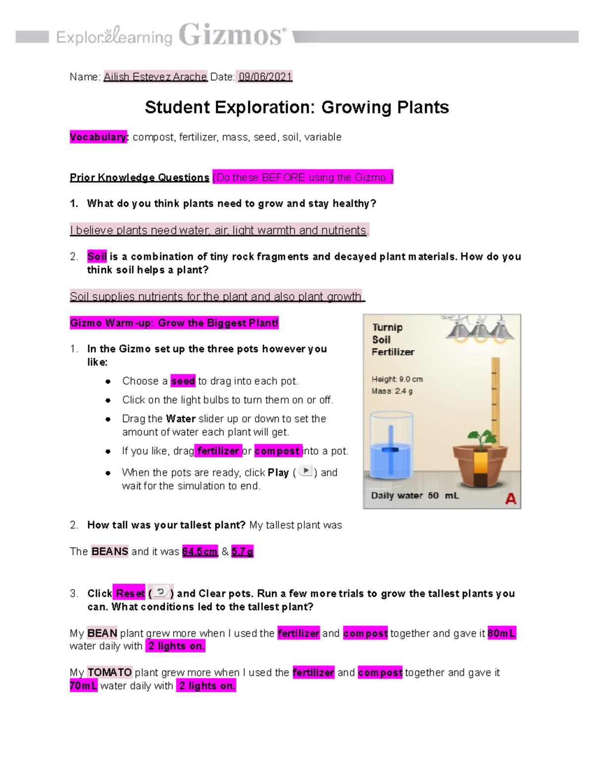 Copy Of Growing Plants SE Answer Key Name Ailish Estevez Arache Date 09 06 Student Studocu