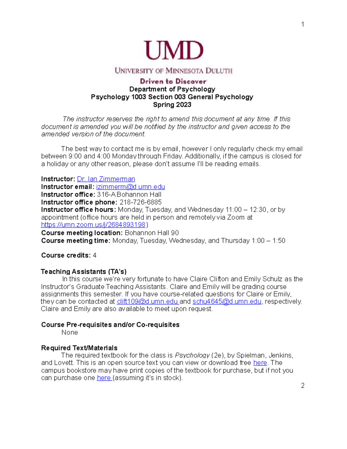 Spring 23.PSY1003.Sec003.Zimmerman Revised v - 1 Department of ...