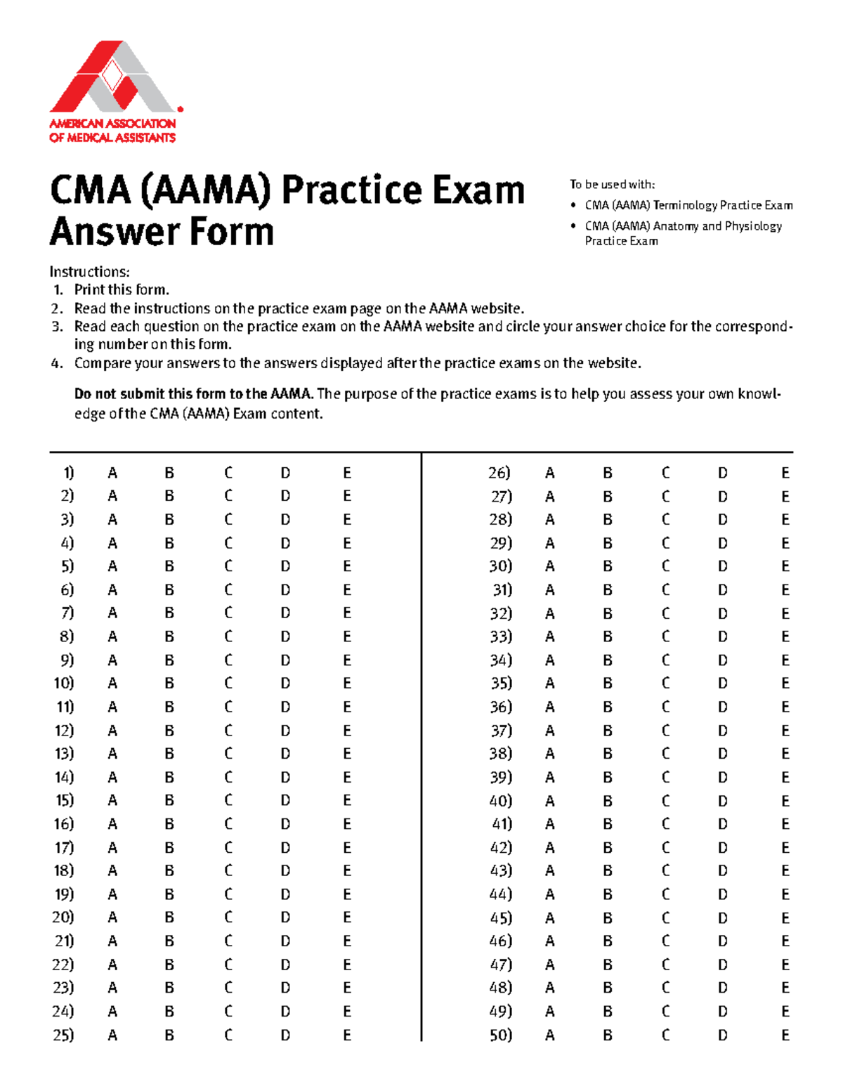 Cma practice answer form - CMA (AAMA) Practice Exam Answer Form ...