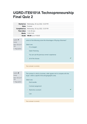 UGRD-ITE6301 Technopreneurship Final Quiz 2 - Question 1 Correct Mark 1 ...