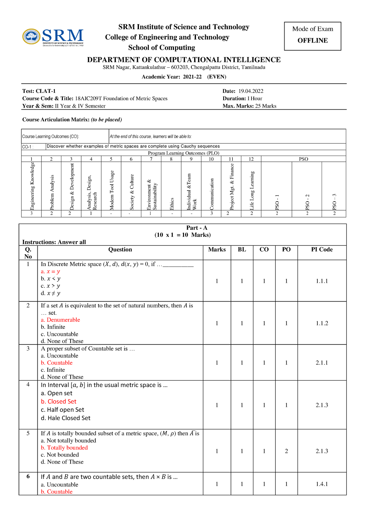 FMS CT1 SETA - Answer Key - SRM Institute of Science and Technology ...