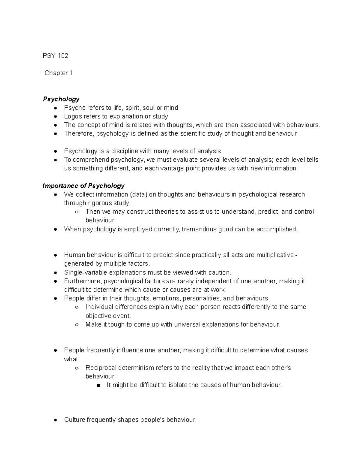 Psy 102 - Chapter 1 - Psy 102 Chapter 1 Psychology Psyche Refers To 