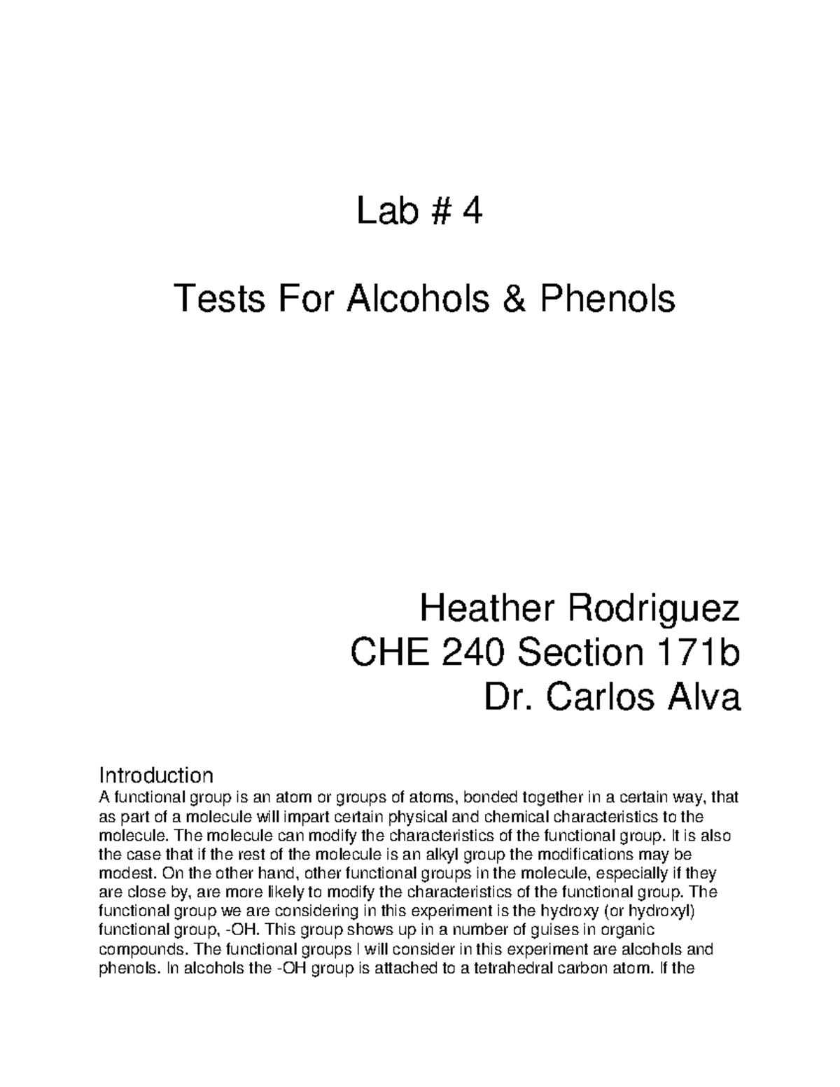 Lab 4 Lap report Lab 4 Tests For Alcohols & Phenols Heather