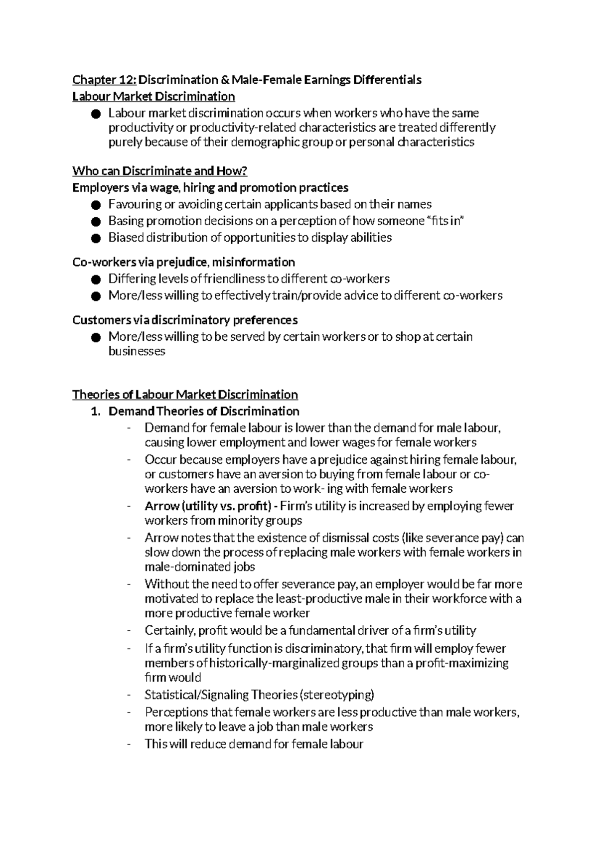 ECON - Chapter 12 - HRM LABOUR ECON NOTES - Chapter 12: Discrimination ...