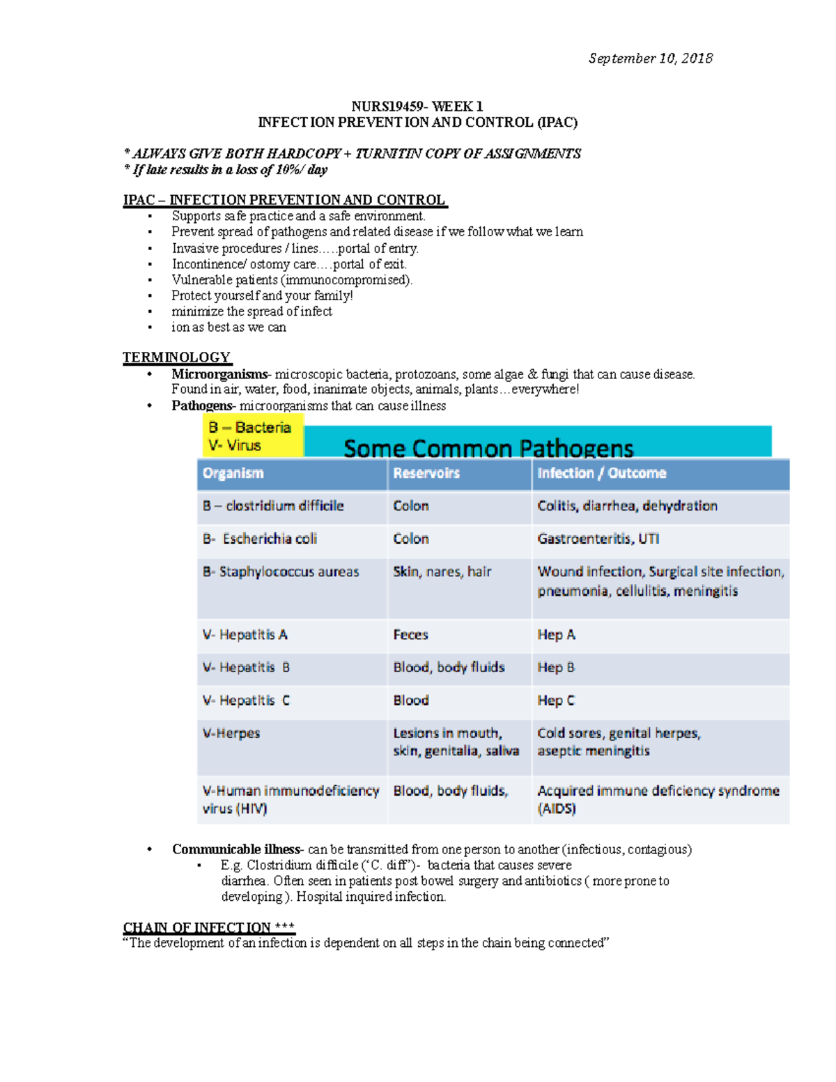 NURS19469- WEEK 1 - Lecture Notes 1 - NURS19459- WEEK 1 INFECTION ...