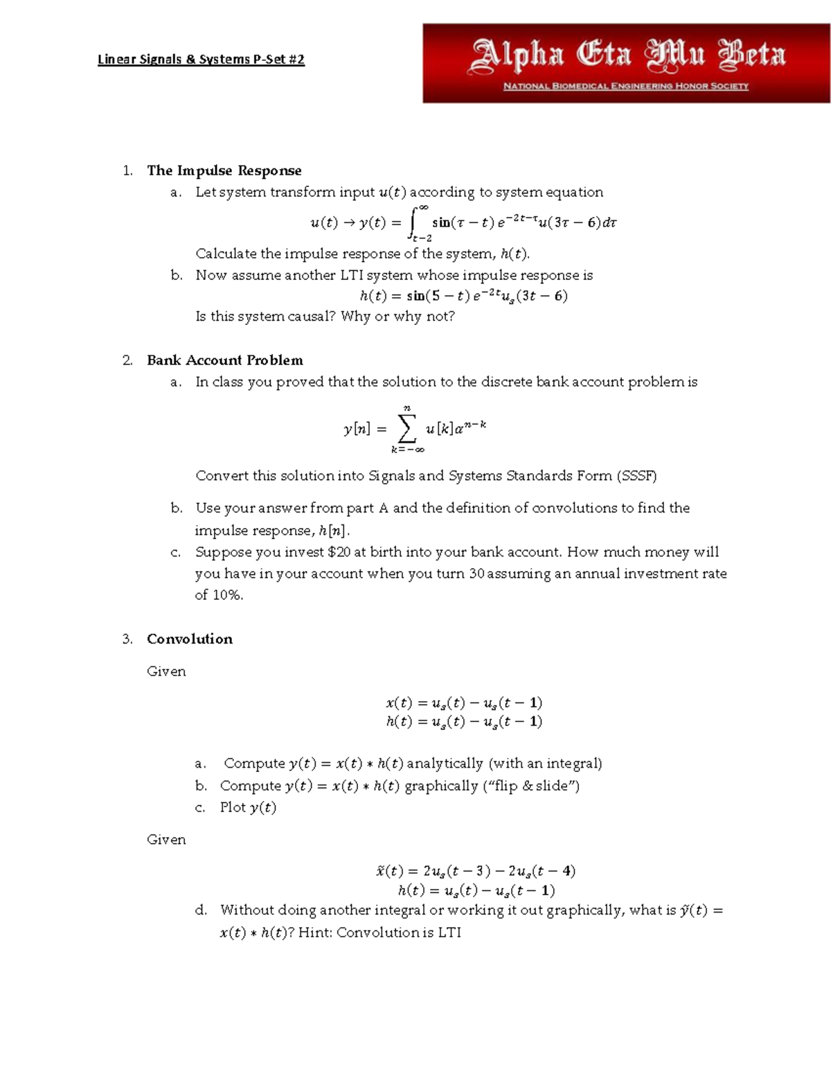 Problem Set 2 Michael I Miller Linear Signals Amp Systems P Set The Impulse Response A Let Studocu