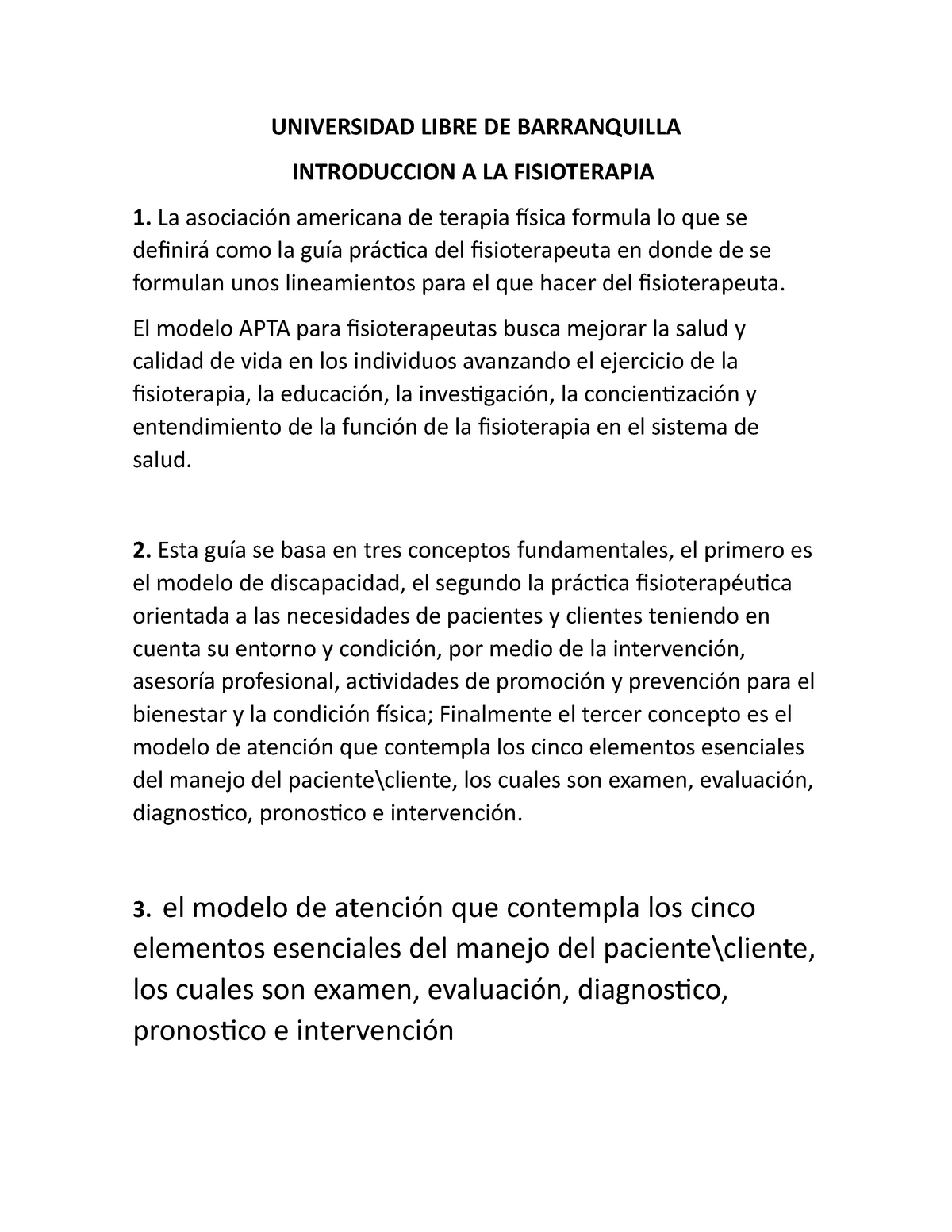 Introduccion A LA Fisioterapia (APTA) - UNIVERSIDAD LIBRE DE BARRANQUILLA  INTRODUCCION A LA - Studocu