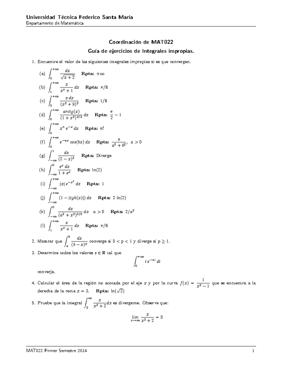 Integrales Impropias Ejercicios Universidad T Ecnica Federico 
