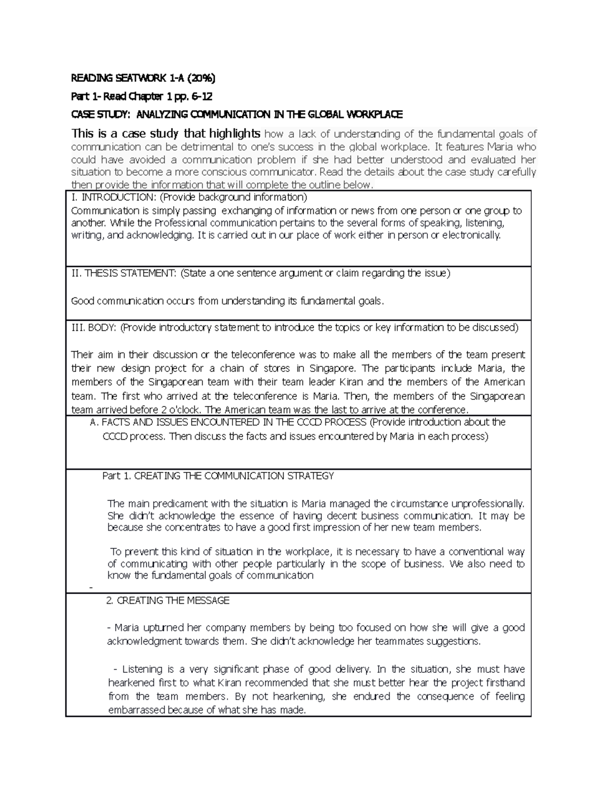 GED 106 Asynchronous Reading Assignment - READING SEATWORK 1 - A ( 20 % ...