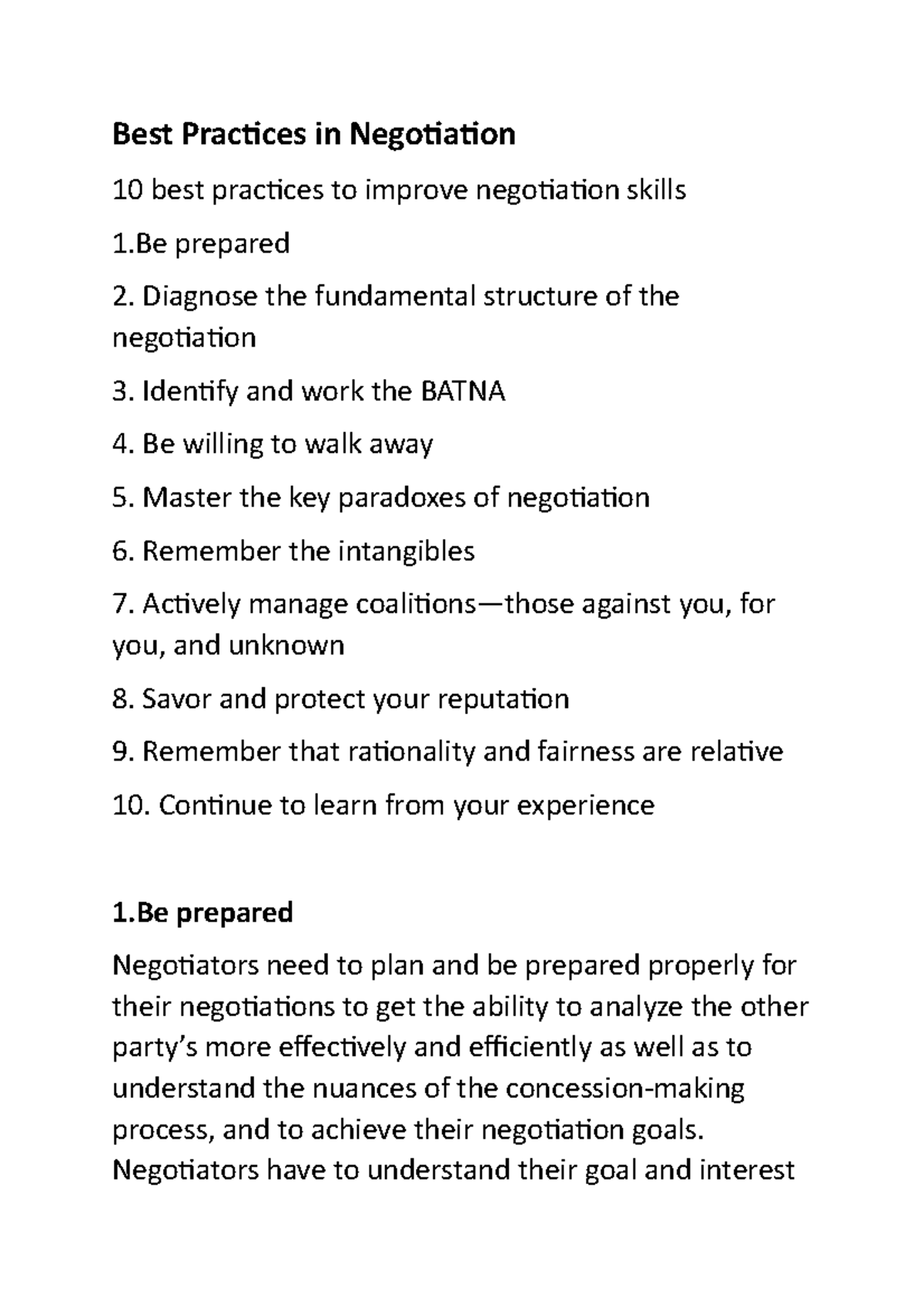 Best Practices in Negotiation Negotiators have to understand their