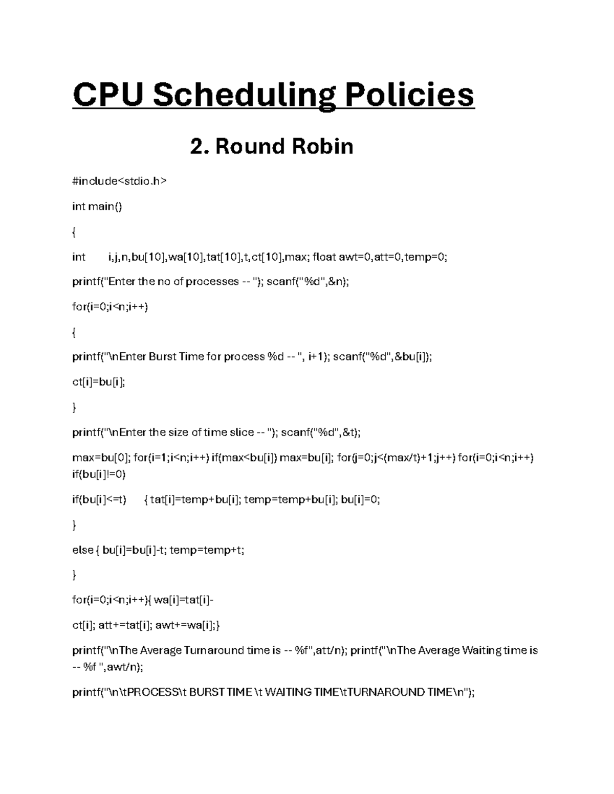 Document 20 - CPU Scheduling Policies 2. Round Robin #include int main ...