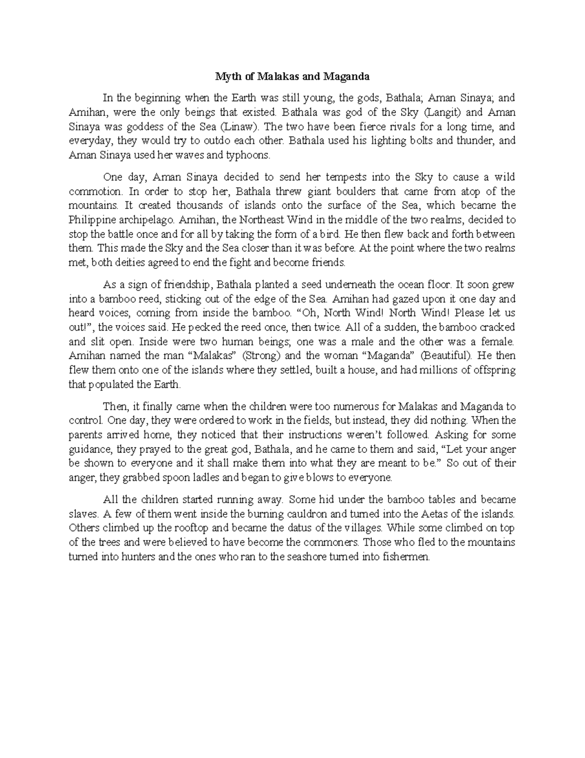 Myth of Malakas and Maganda - Bathala was god of the Sky (Langit) and ...