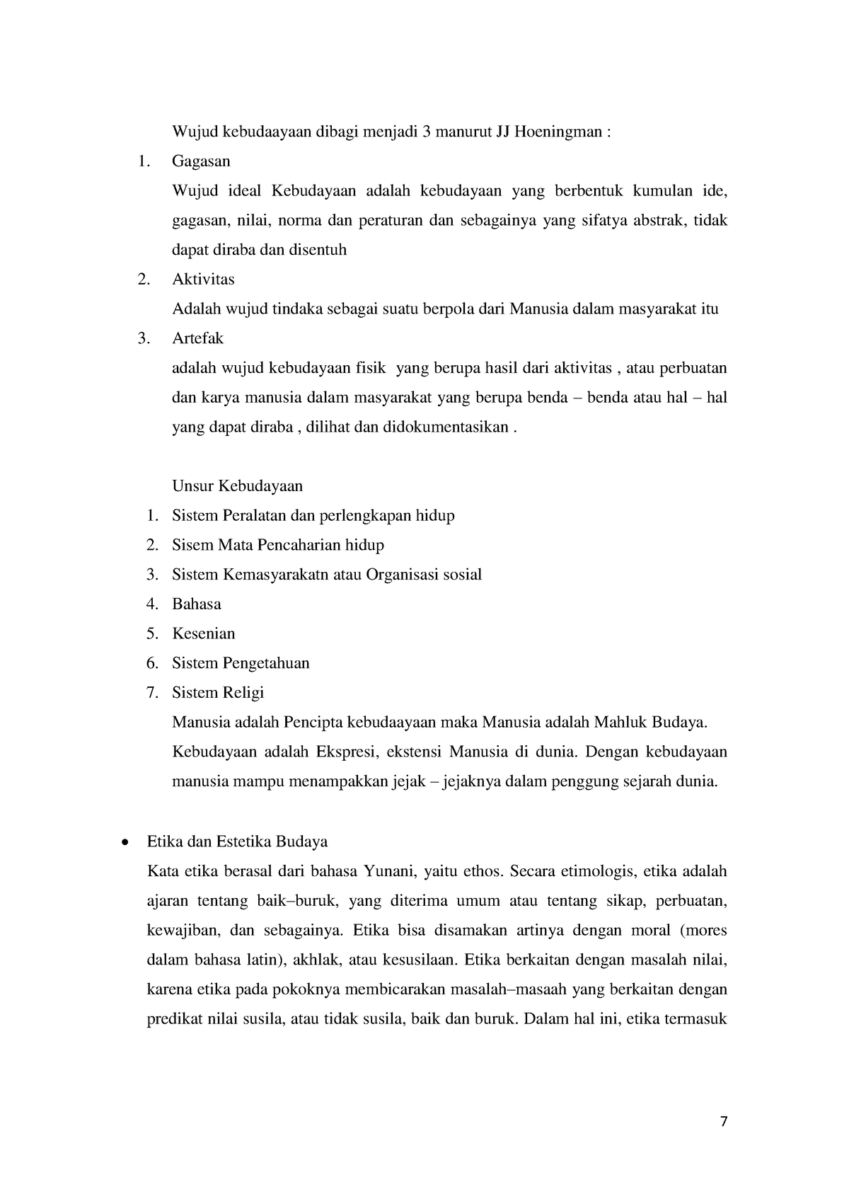 Social Science And Culture Summary-4 - 7 Wujud Kebudaayaan Dibagi ...