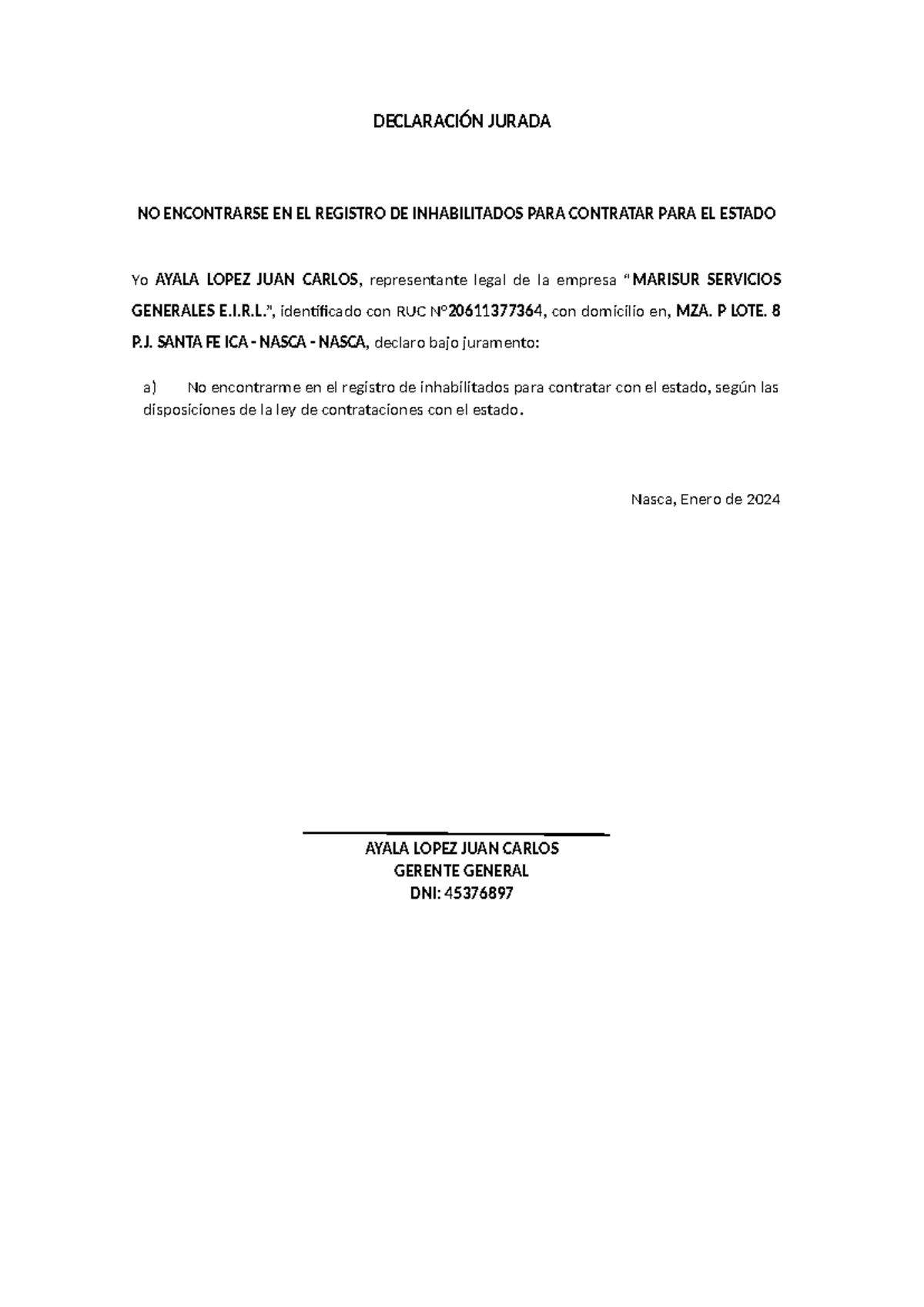 Ganador - ayala - apuntes - DECLARACIÓN JURADA NO ENCONTRARSE EN EL ...