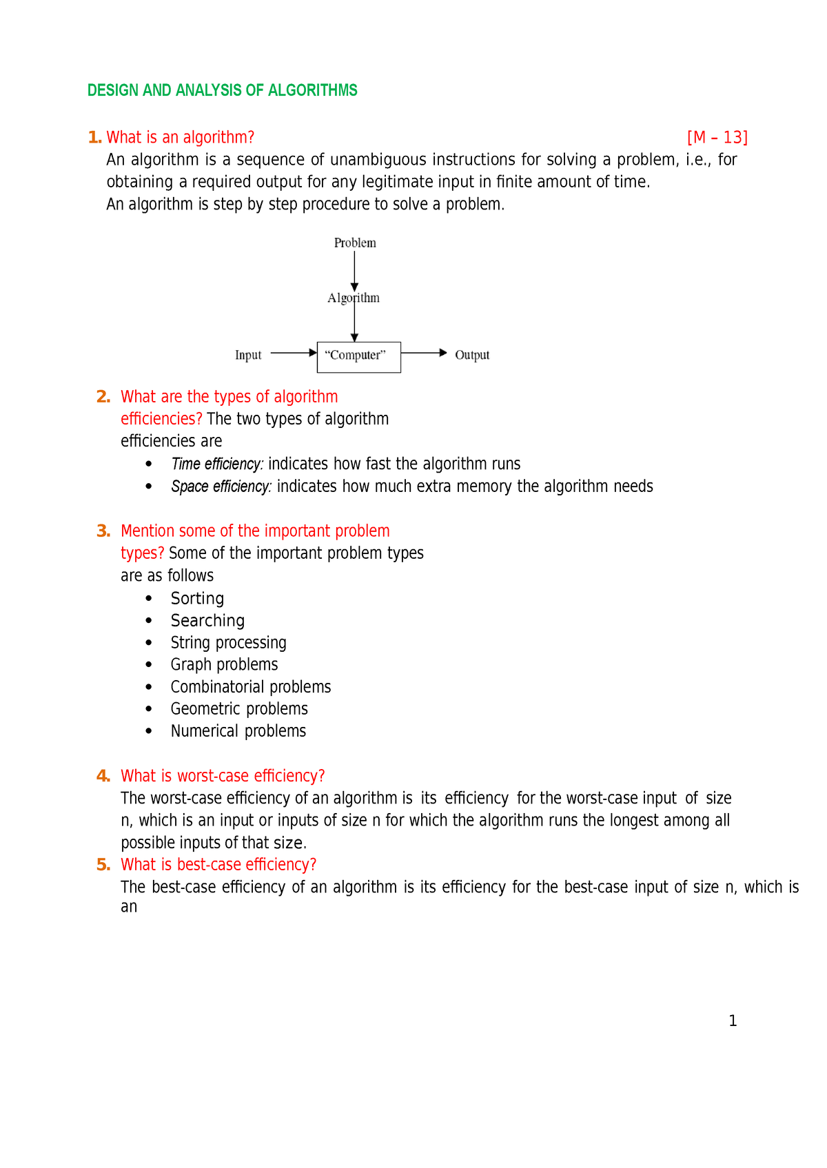 Design And Analysis Of Algorithm Questions And Answers - 1 DESIGN AND ...