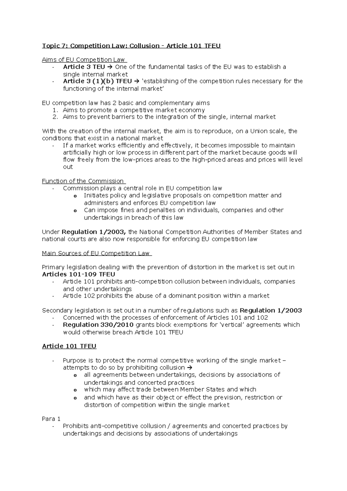 Topic 7- Competition Law- Collusion - Article 101 TF EU - Aims to ...