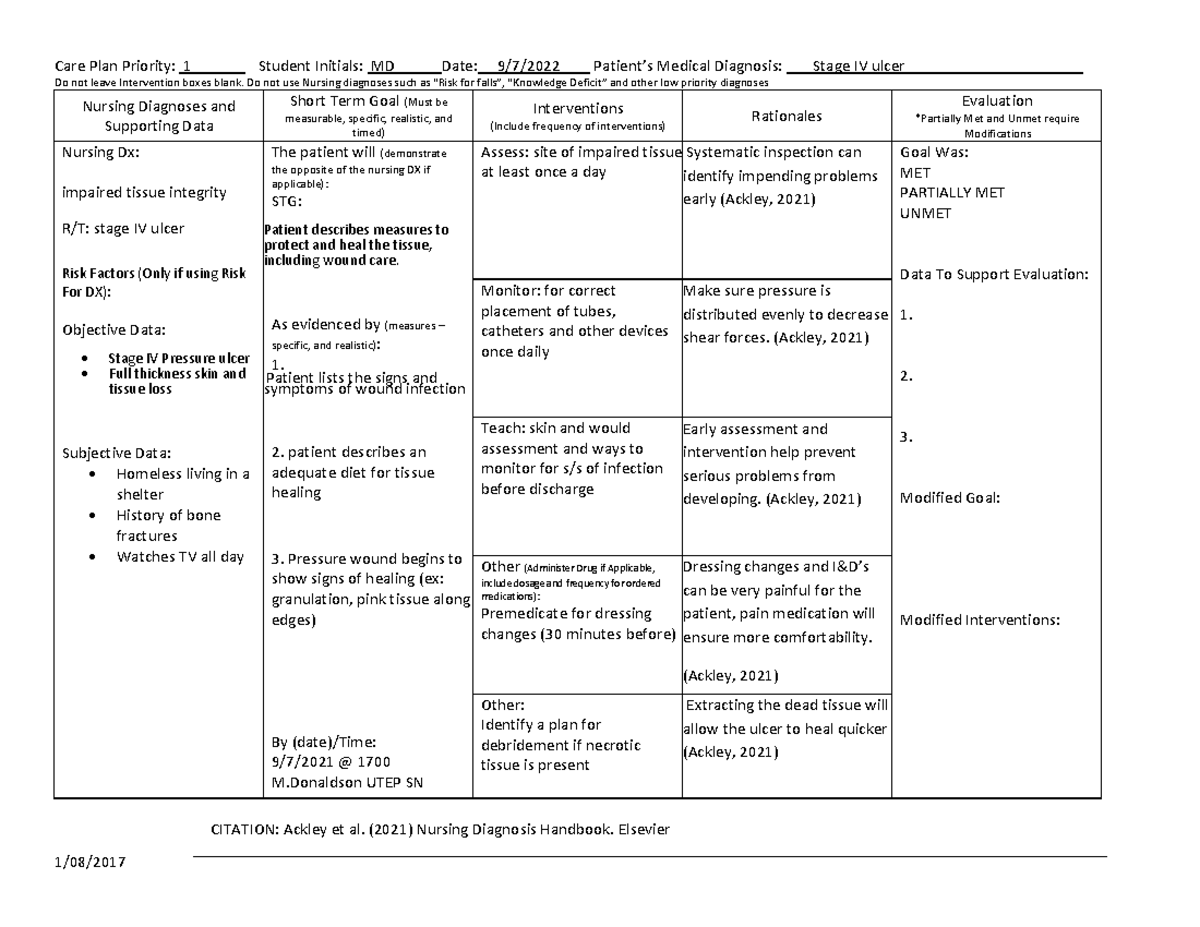 Care plan Impaired tissue integrity - Care Plan Priority: 1 Student ...