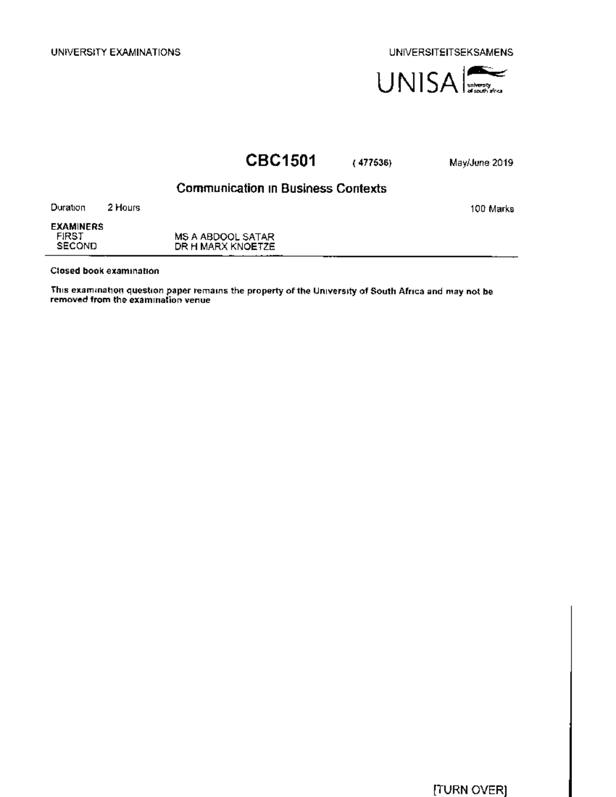 Exam 10 June 2019, questions - CHE1501 - Studocu