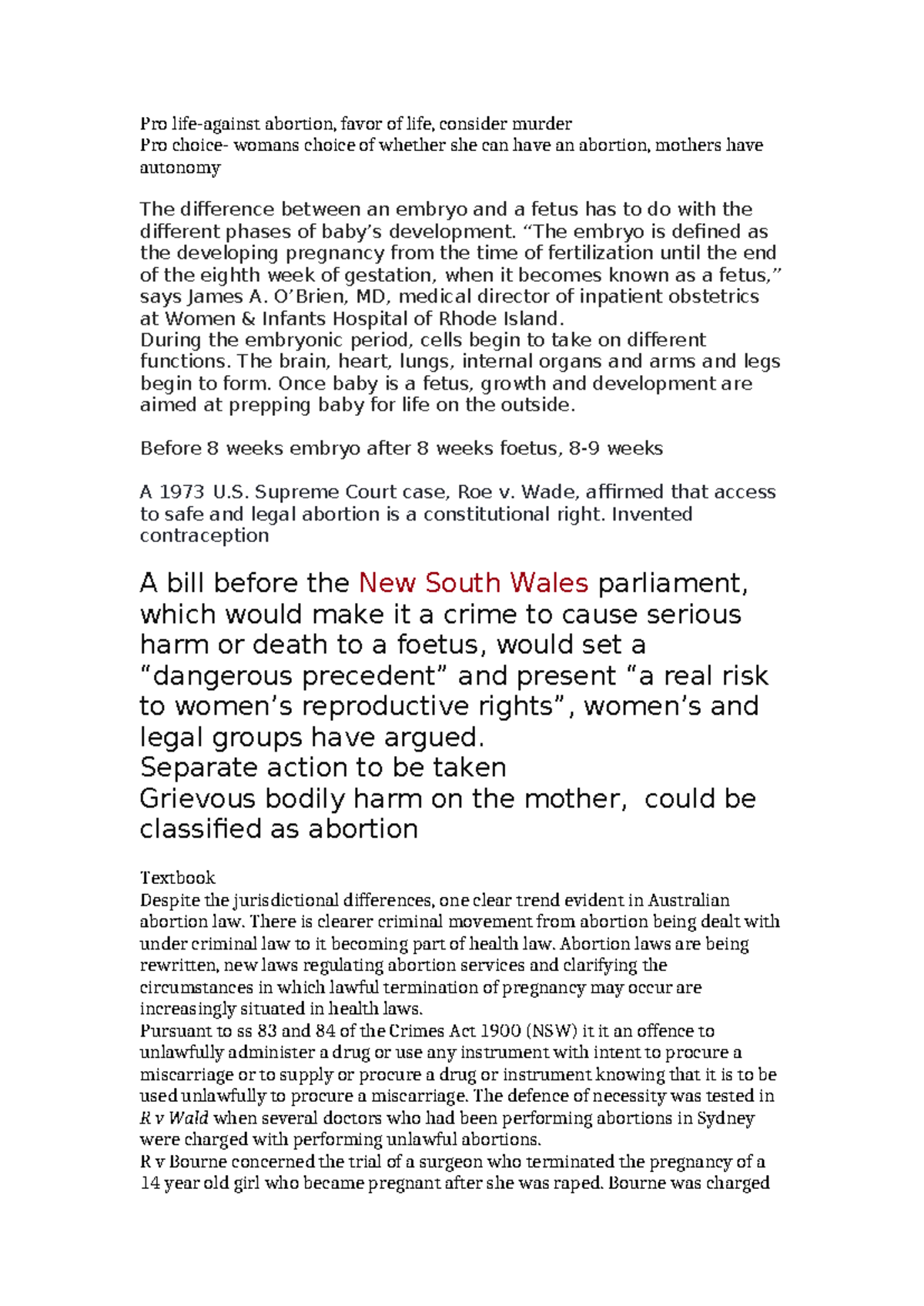 Week 11 bioethics - Summary Bachelor of Laws - Pro life-against ...
