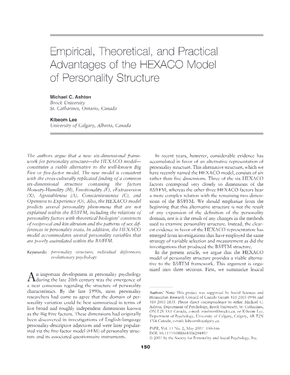 Empirical, Theoretical, and Practical Advantages of the Hexaco Model of