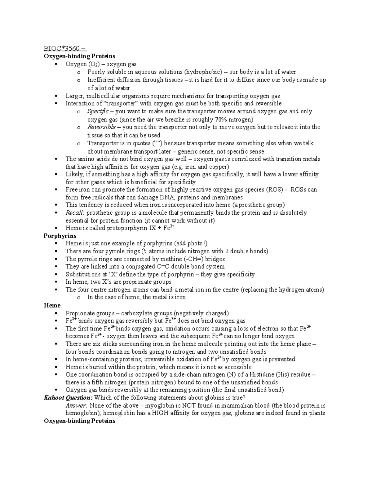 BIOC3560 - Lecture Notes For Lesson 2 - BIOC*3560 – Oxygen-binding ...