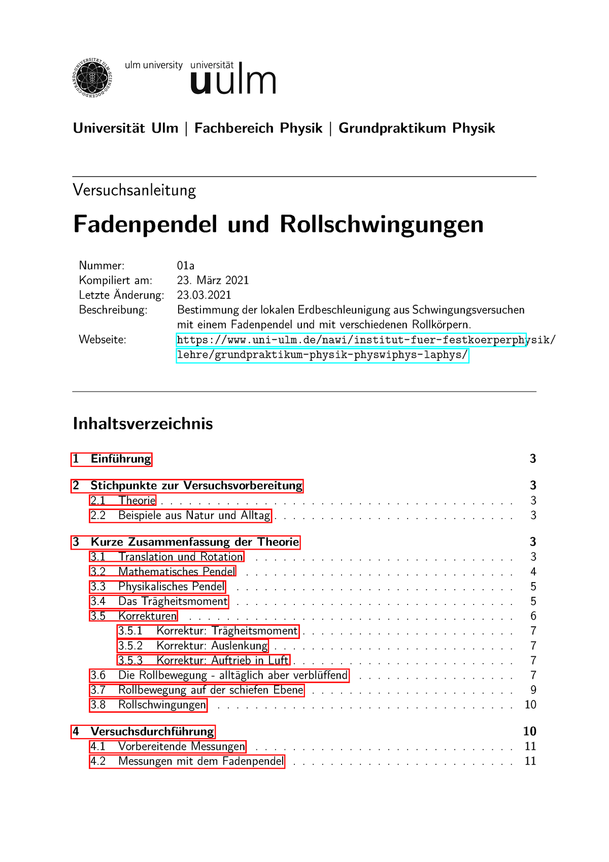 V01a Fadenpendel Und Rollschwingungen - Universität Ulm | Fachbereich ...