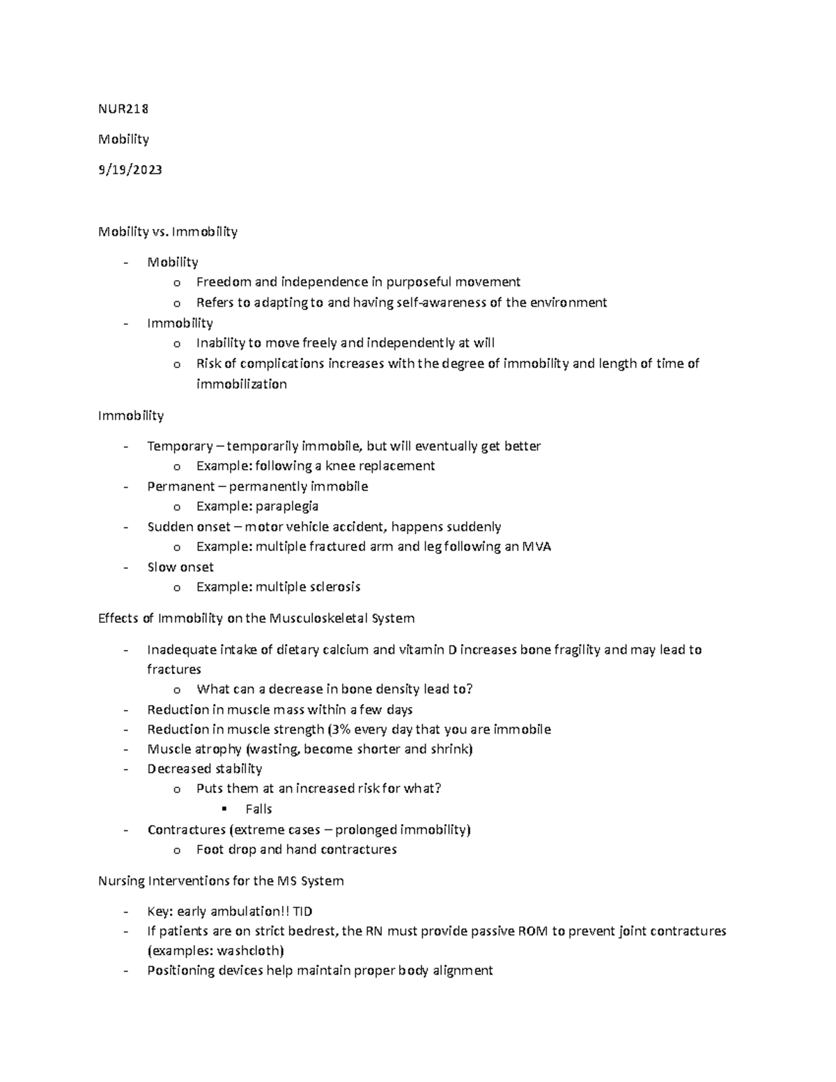 Mobility and Immobility Notes - NUR Mobility 9/19/ Mobility vs ...