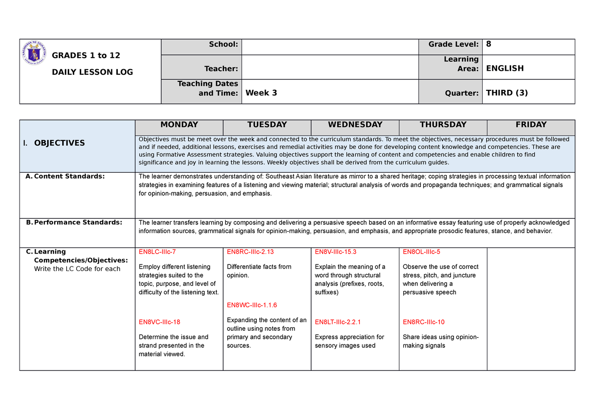 DAILY LESSON LOG ENGLISH EIGHT - GRADES 1 To 12 DAILY LESSON LOG School ...