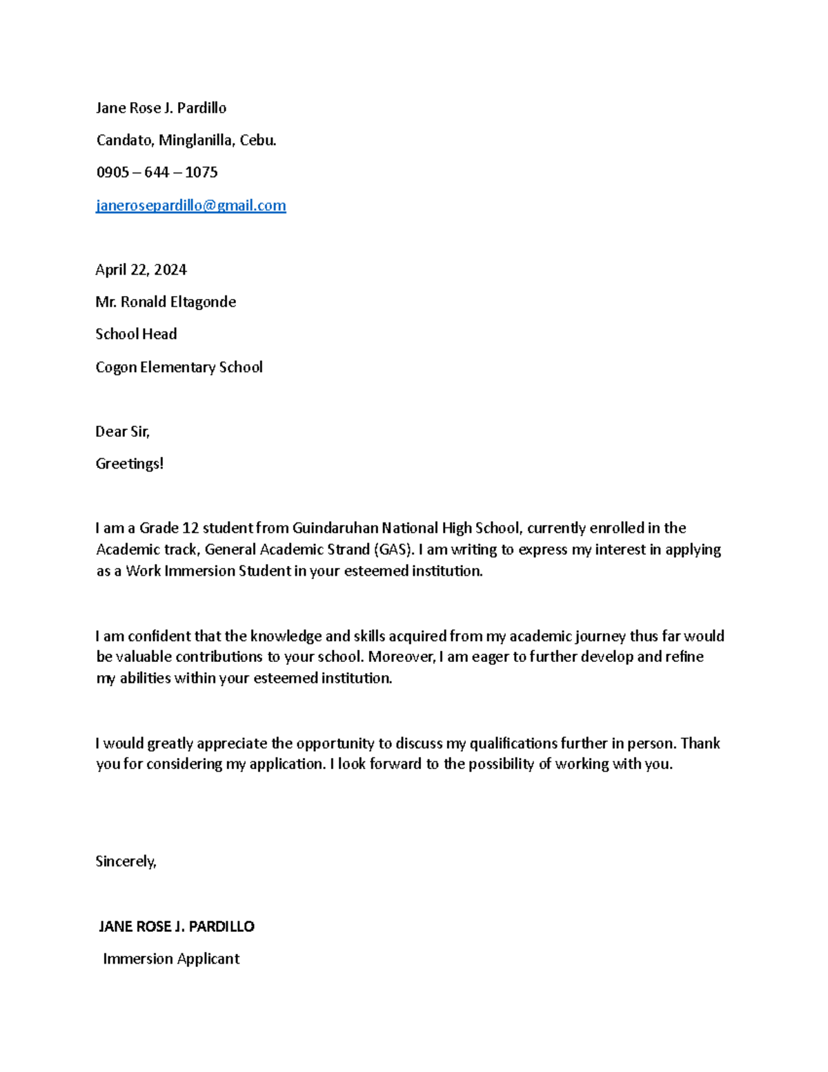 Janerose WORK Immersion Application Letter - Jane Rose J. Pardillo ...