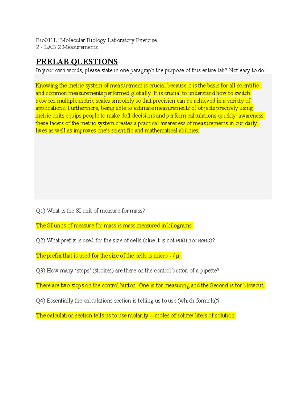 Lab 2 Prelab Questions Bio011L Molecular Biology Laboratory