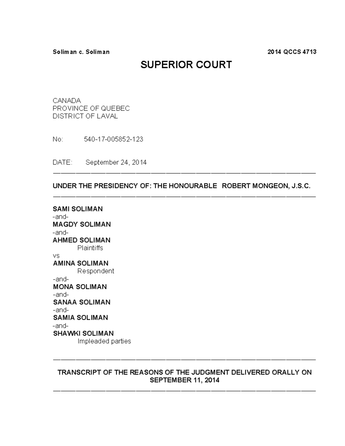 jurisprudence Soliman - Soliman c. Soliman 2014 QCCS 4713 SUPERIOR ...
