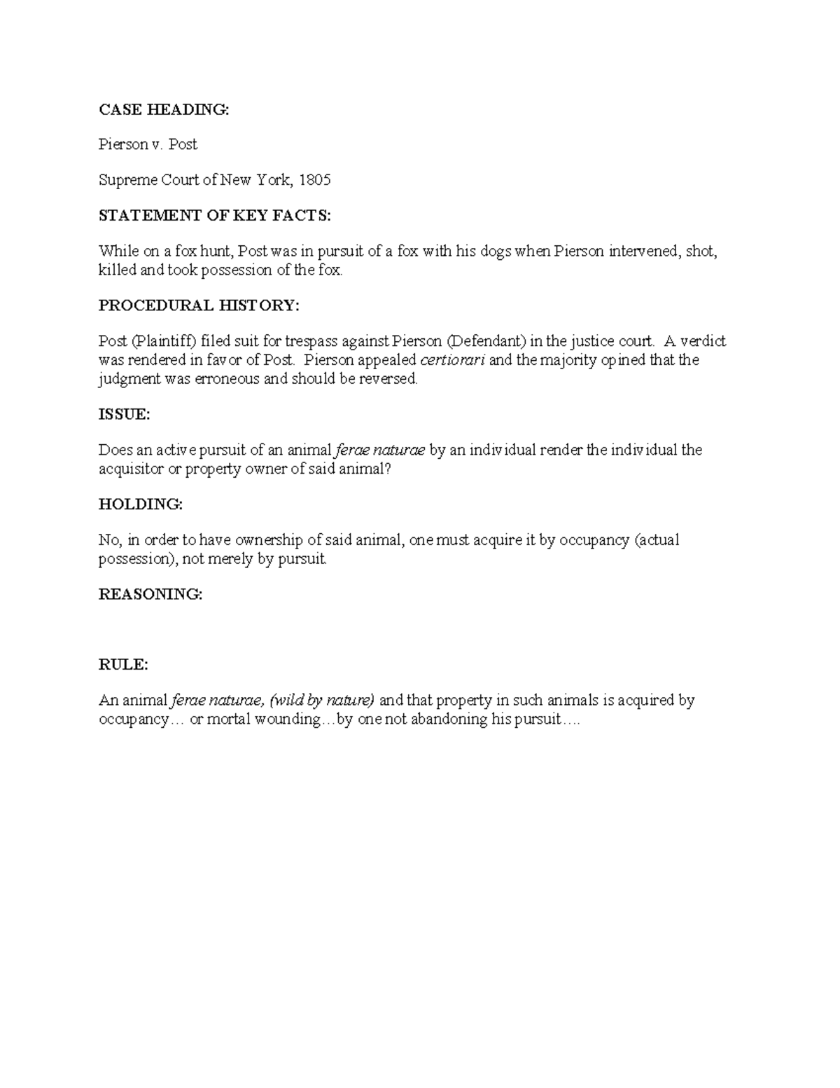Pierson v. Post Case briefing practice CASE HEADING Pierson v