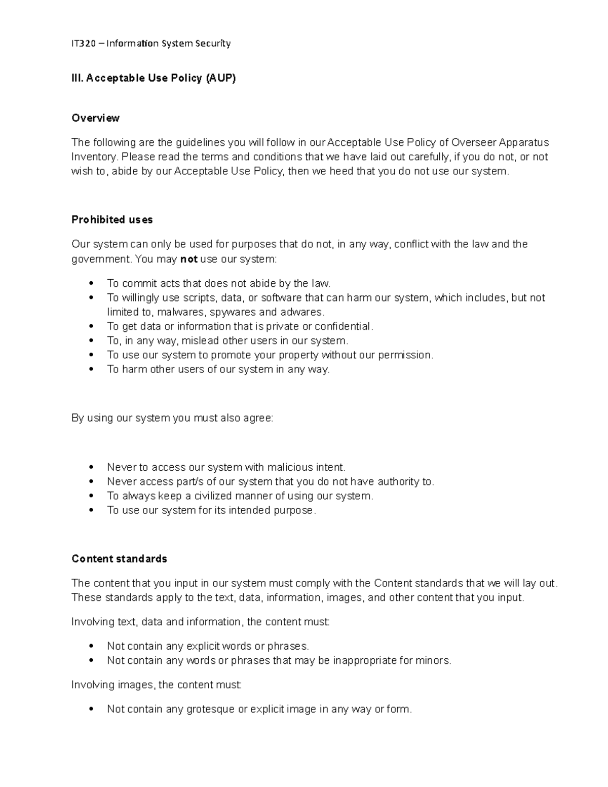 III Acceptable Use Policy - IT320 – Information System Security III ...