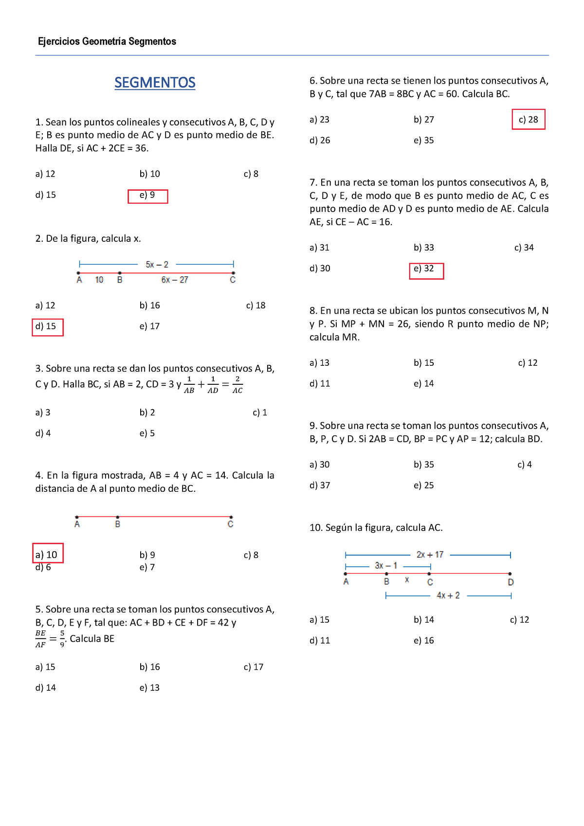 Ejercicios De Segmentos Segmentos 1 Sean Los Puntos Colineales Y