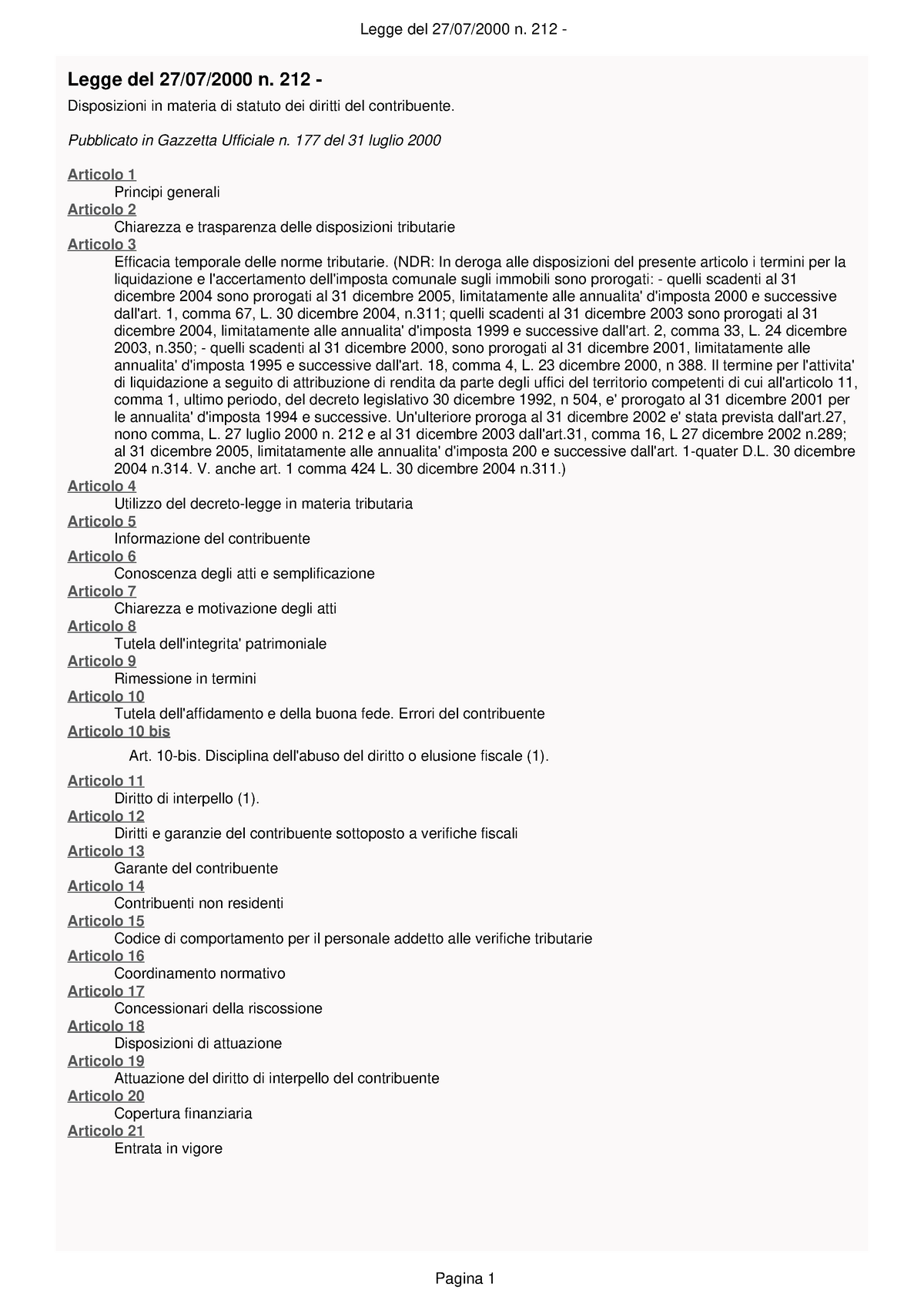 Statuto Dei Diritti Del Contribuente - L. 27.07.2000 N. 212 - Legge Del ...