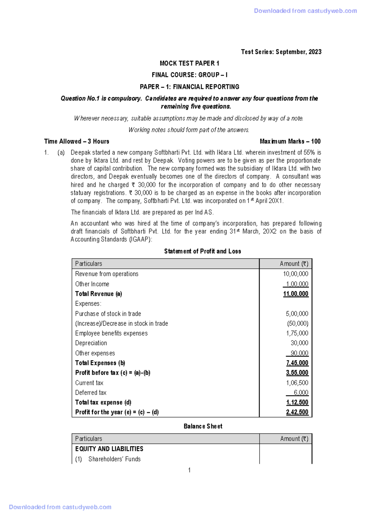 FR - Questions - 1 Test Series: September, 202 3 MOCK TEST PAPER 1 ...