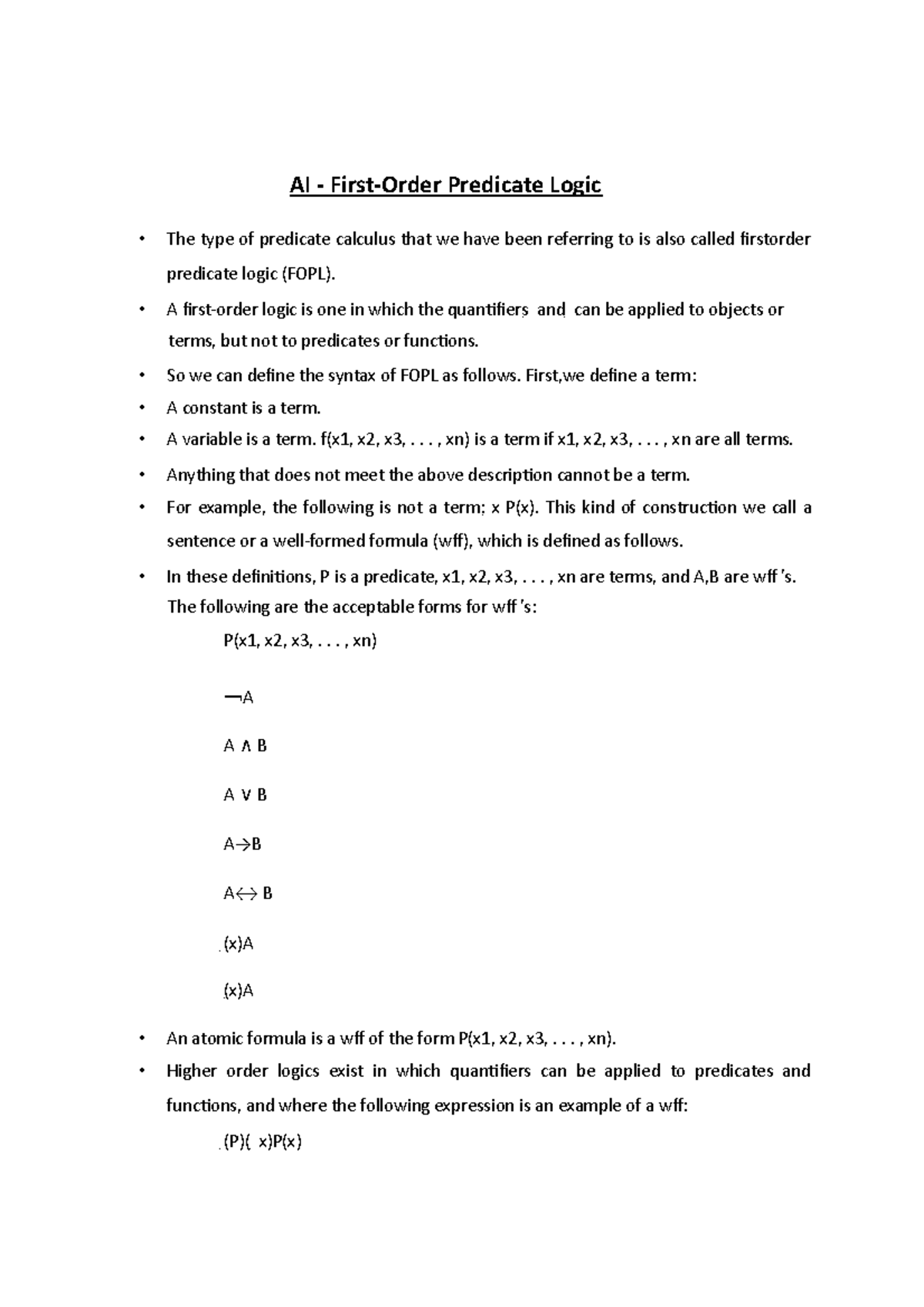 AI - First-Order Predicate Logic - AI Predicate Logic The type of ...