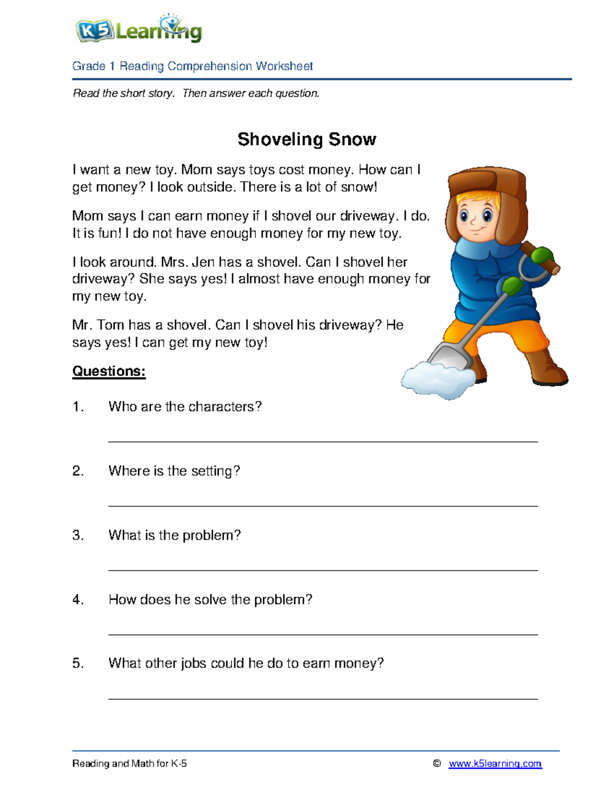 1st Grade 1 Reading Shovel Snow - Grade 1 Reading Comprehension 