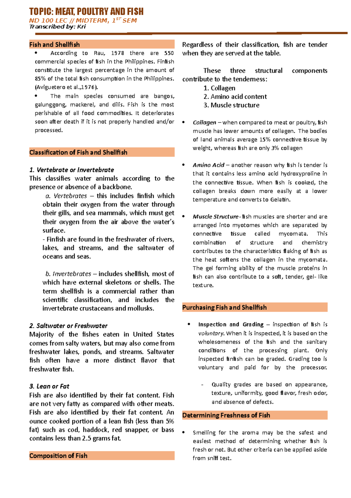 Meat,Poultry and Fish PT3 TOPIC MEAT, POULTRY AND FISH ND 100 LEC // MIDTERM, 1ST SEM
