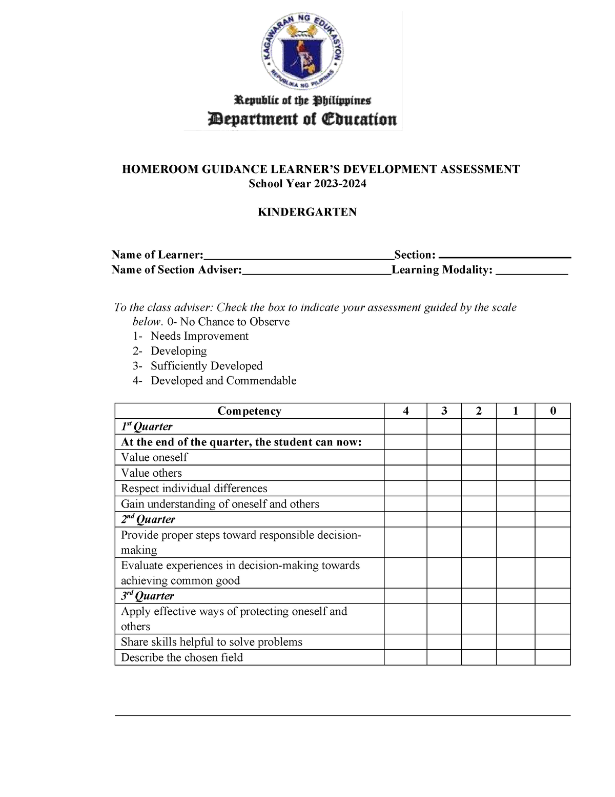 Homeroom Guidance Learner’S Development Assessment ( Kinder) - HOMEROOM ...