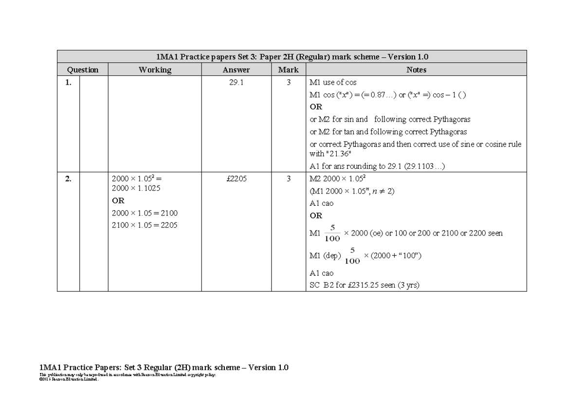 05b Practice Tests Set 3 Paper 2h Mark Scheme Question Working Answer Mark Notes 1 29 3 M1 05b Practice Tests Set 3 Paper 2h Mark Scheme Question Working Answer Mark Notes 1 29 3 M1