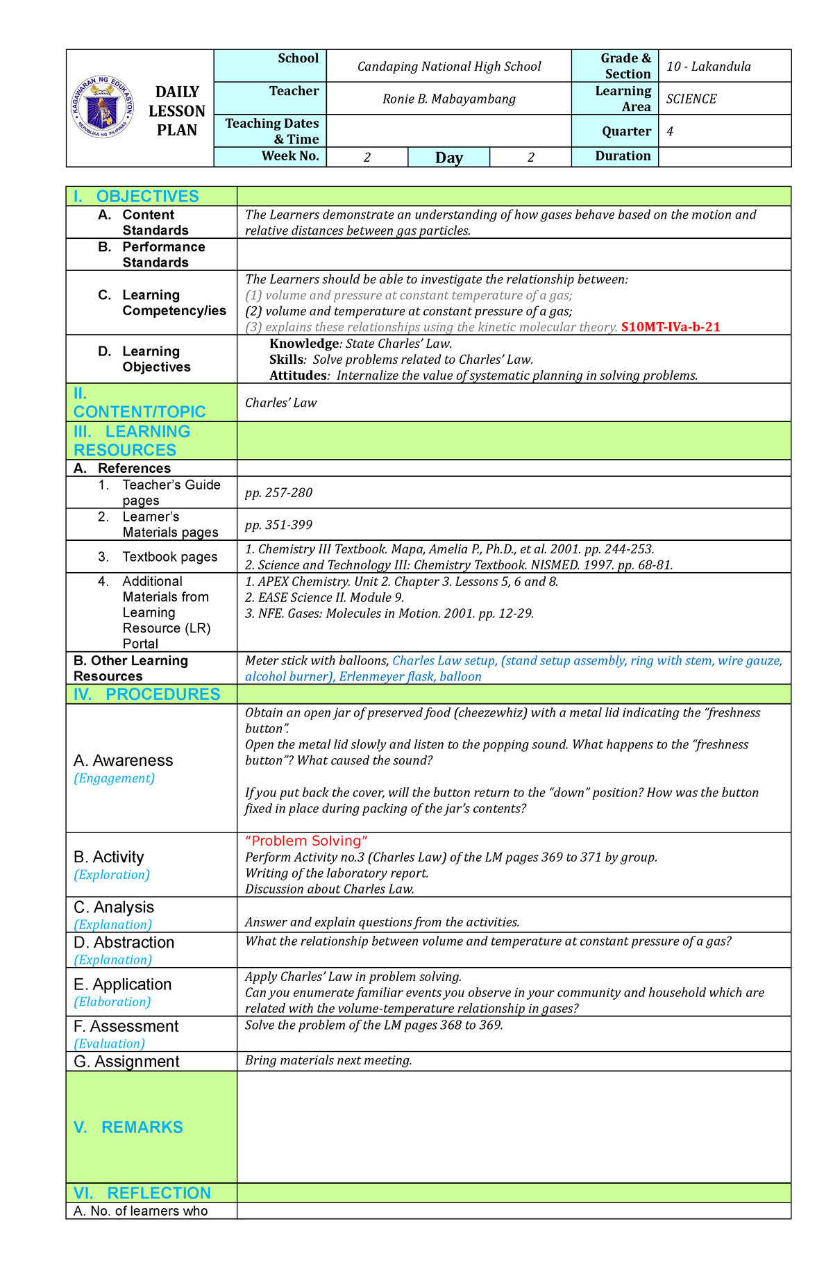 Science 10 DLP Q4W2D2 RBM - DAILY LESSON PLAN School Candaping National ...