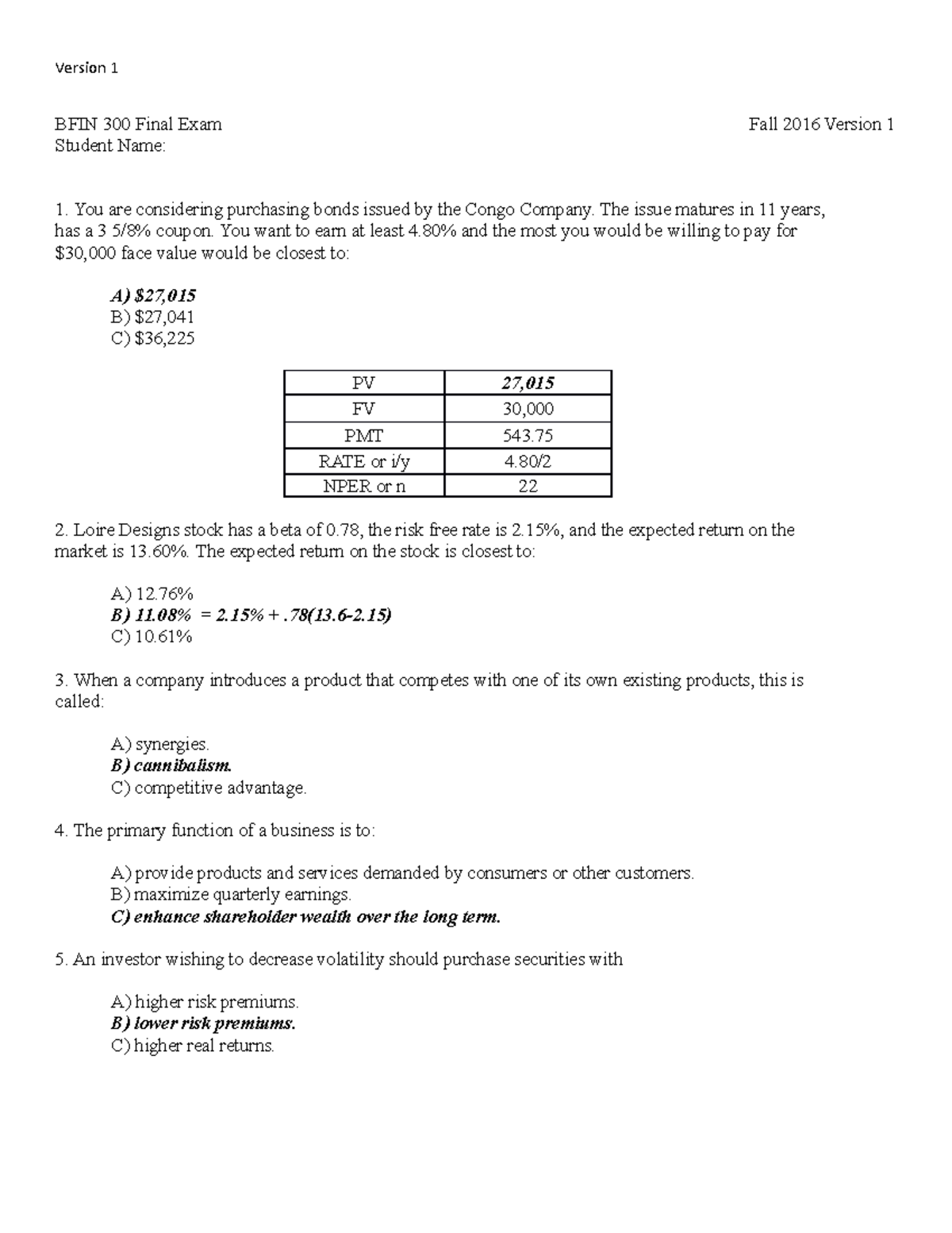 BFIN 300 Fa16 Final Exam Guideline Answers - Version 1 BFIN 300 Final ...