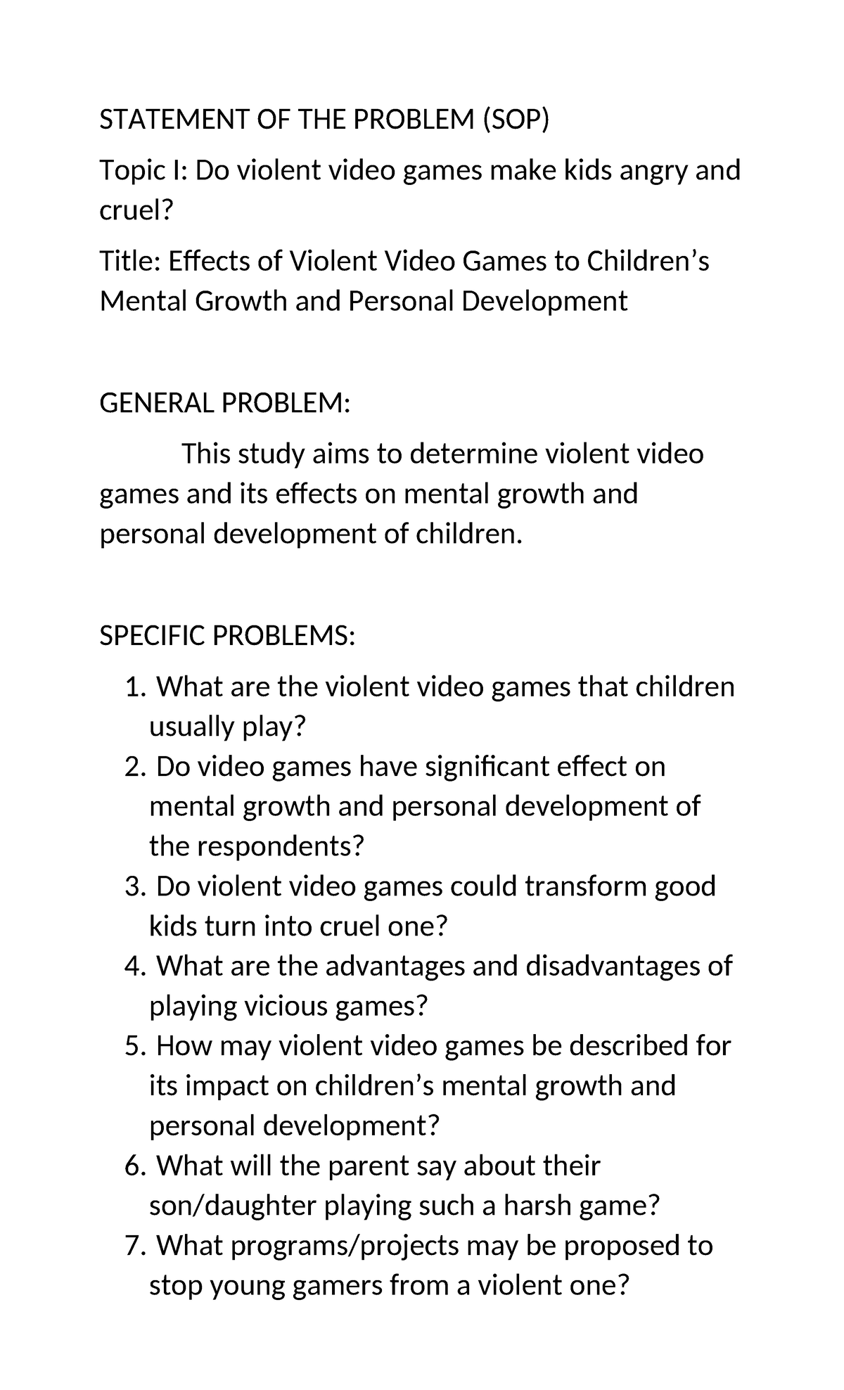 Topic-1-SOP - STATEMENT OF THE PROBLEM (SOP) Topic I: Do violent video ...
