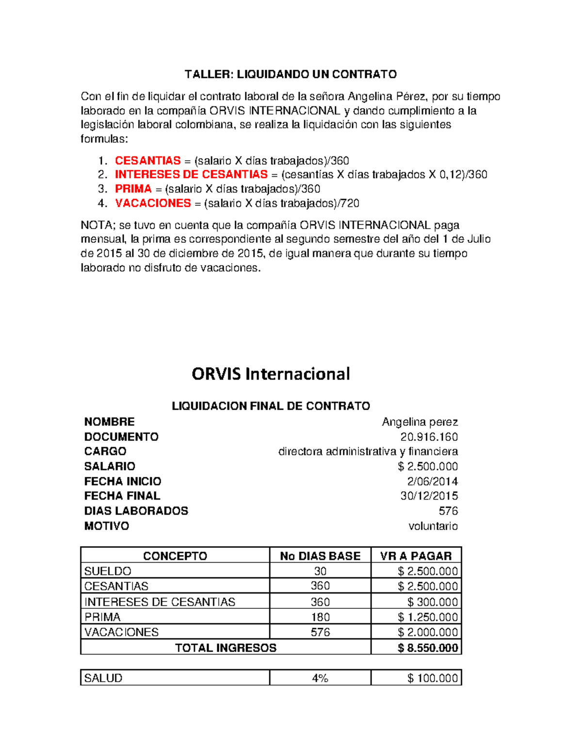 Taller liquidacion talento humano - TALLER: LIQUIDANDO UN CONTRATO Con ...