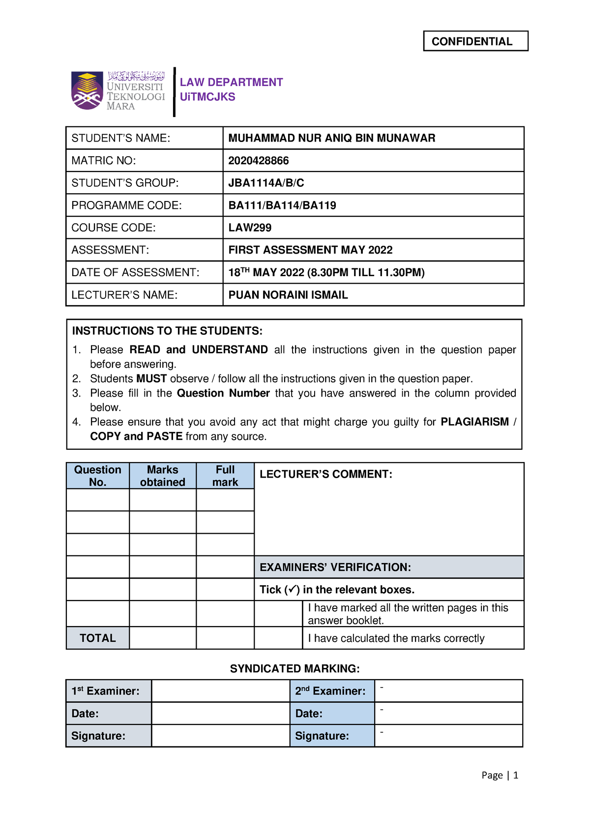 J BA111 4 A tuto - CONFIDENTIAL LAW DEPARTMENT UiTMCJKS STUDENT’S NAME ...