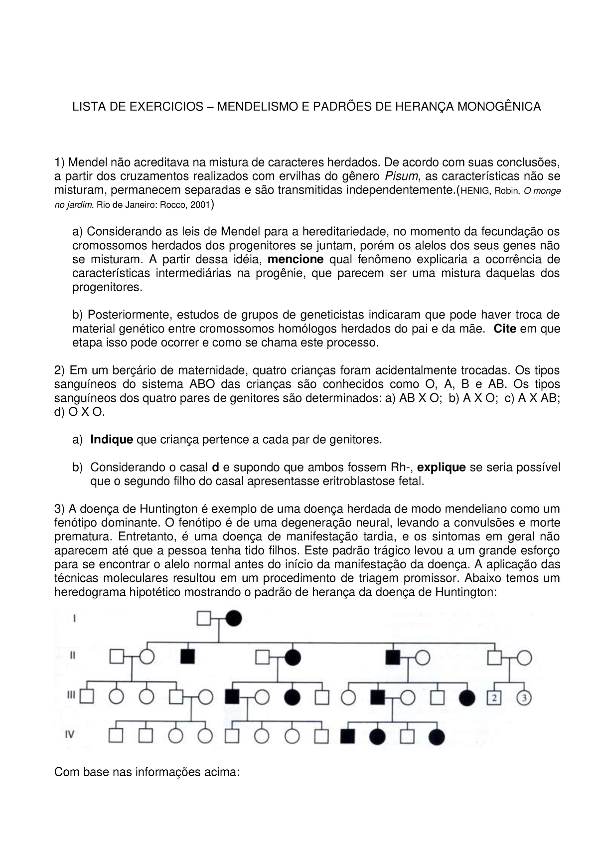 Exercicios Mendelismo E Padrões De Herança Monogênica - LISTA DE ...