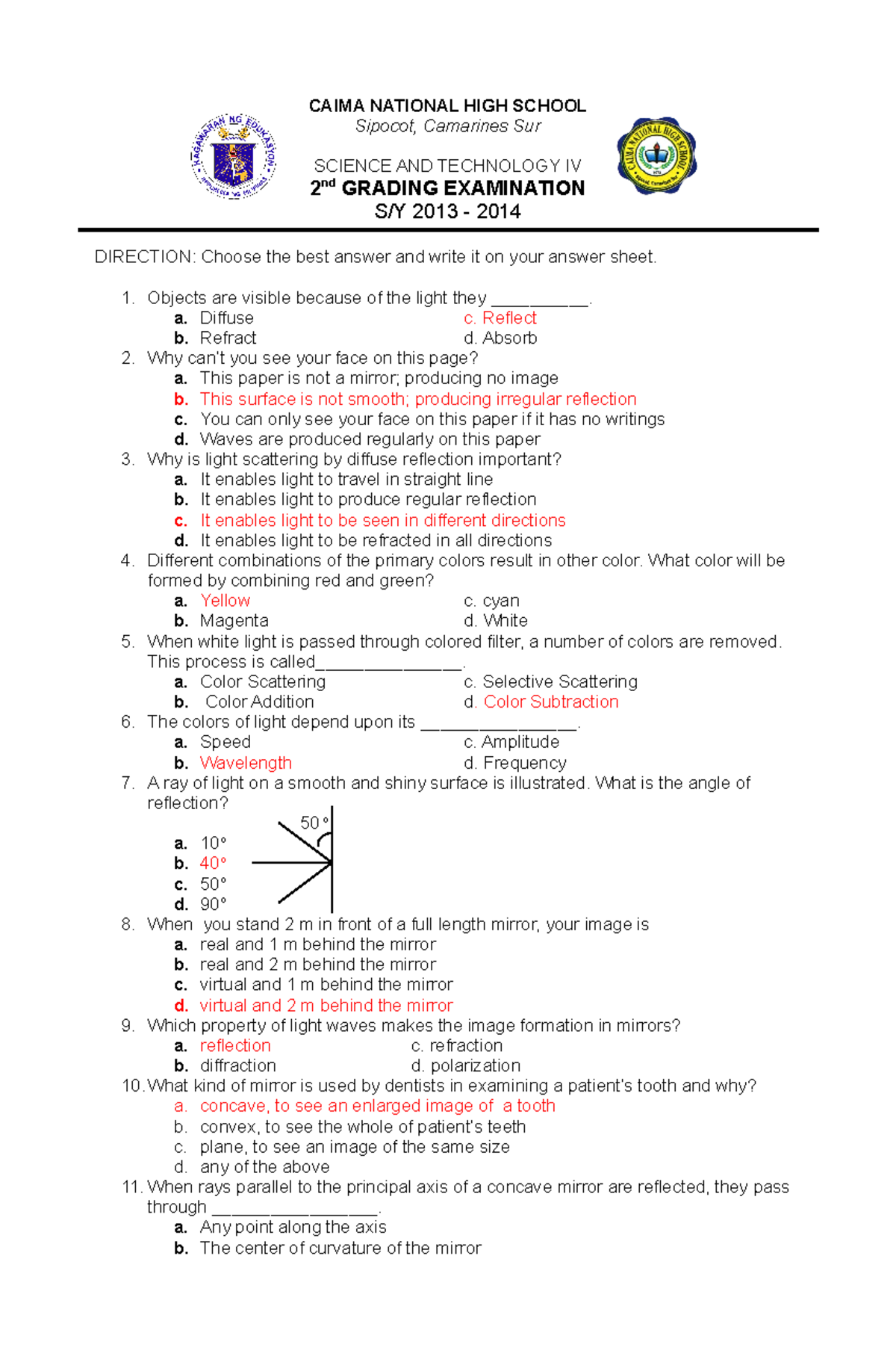 Test Questions in Geometric Optics - CAIMA NATIONAL HIGH SCHOOL Sipocot ...
