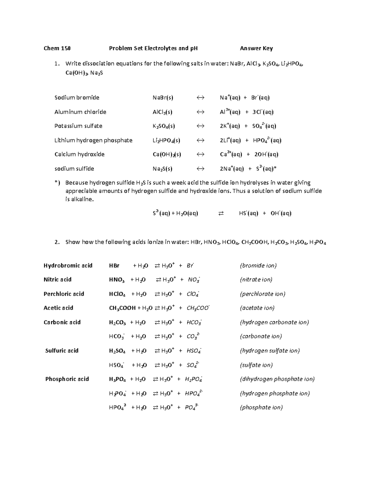 Answer Key Problem Set 5 Electrolytes and p H Chem 150 Problem Set